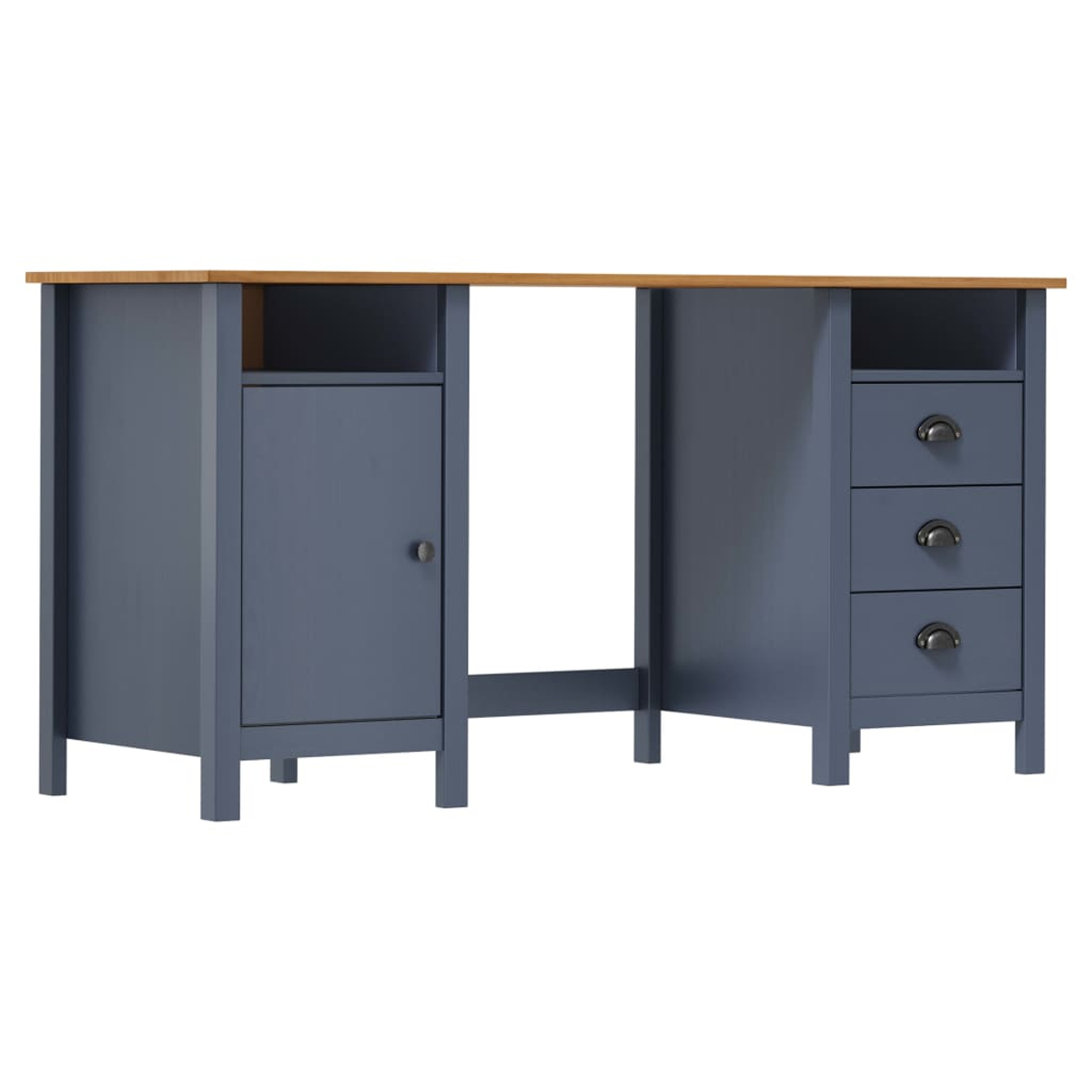 Ein blauer Schreibtisch mit Holzplatte, Schrank, drei Schubladen und offenen Fächern. Der Schreibtisch steht vor weißem Hintergrund.