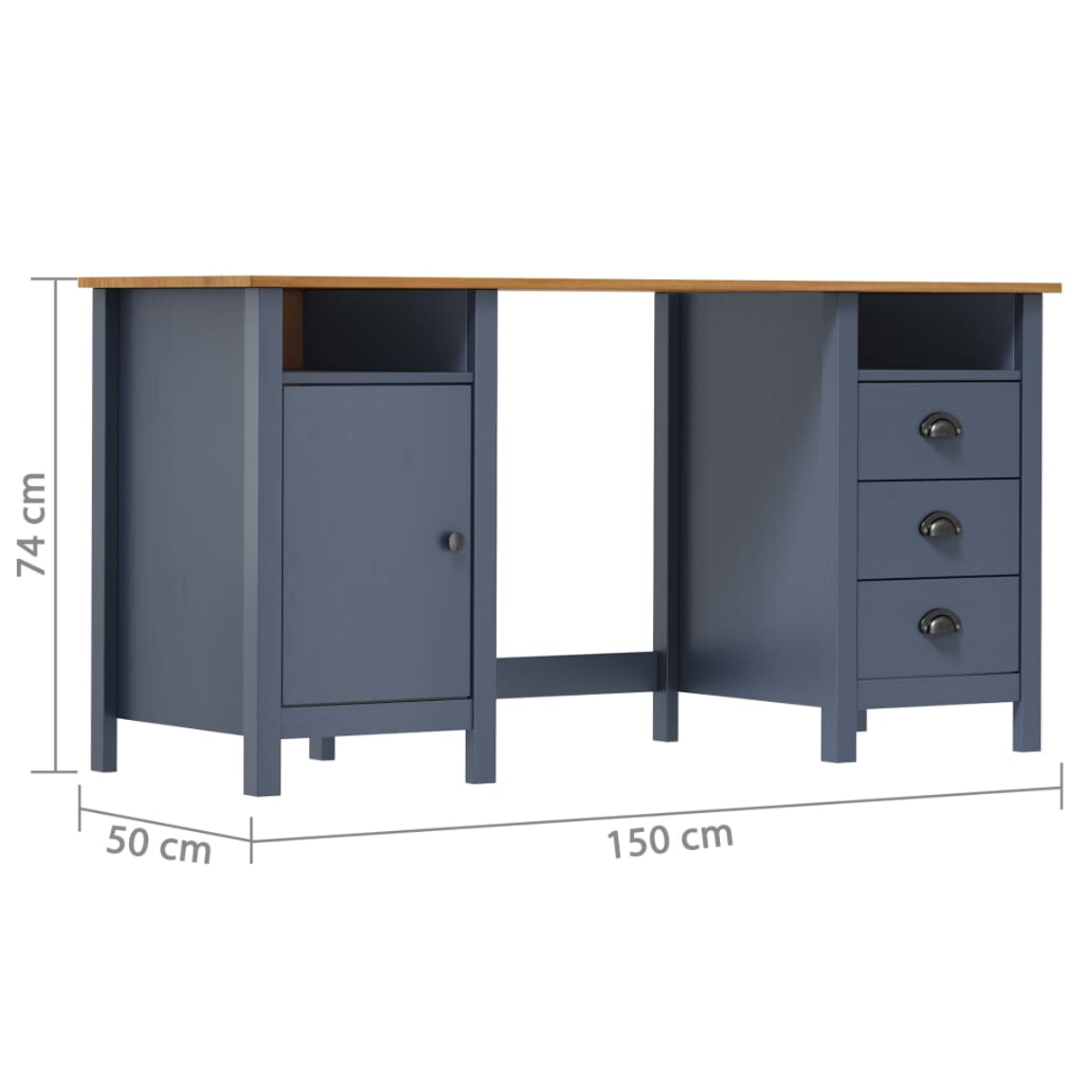 Ein blauer Schreibtisch mit Holzplatte. Er hat einen Schrank, Schubladen und einen zentralen Bereich für einen Stuhl. Maße sind angegeben.