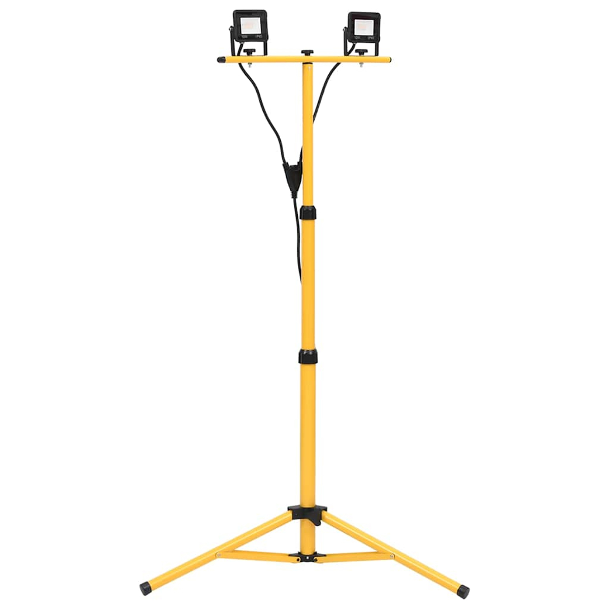 Eine gelbe Stativ-Arbeitsleuchte mit zwei quadratischen Lichtern. Das Licht steht auf einem gelben Ständer mit einem schwarzen Netzkabel.