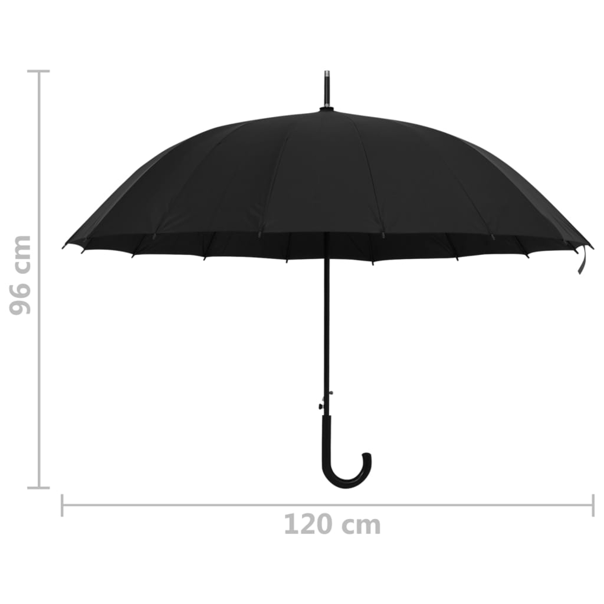 Ein schwarzer Regenschirm ist vor weißem Hintergrund geöffnet. Er ist 120 cm breit und 96 cm hoch. Der Griff hat ein gebogenes Ende.