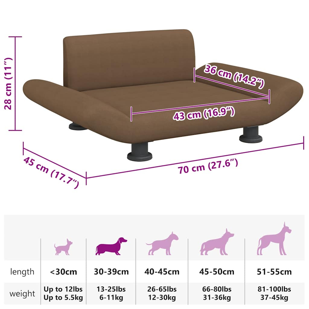 Ein braunes Hundesofa mit Abmessungen und Größentabellen für Hunde.