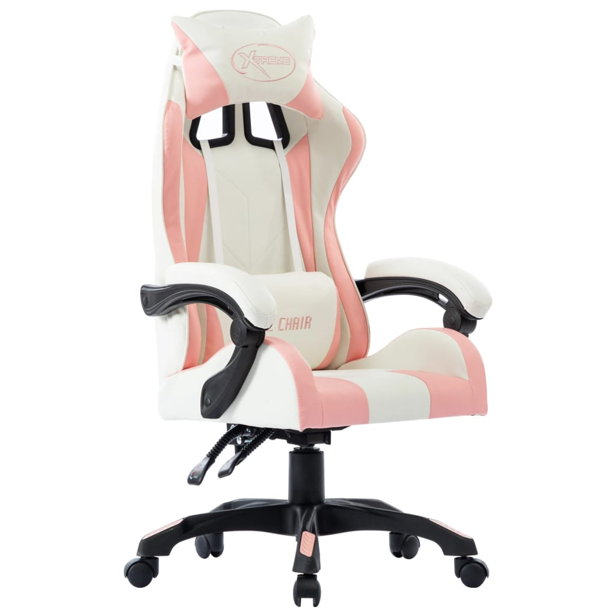 Ein weiß-rosa Gaming-Stuhl. Er hat eine Kopfstütze mit dem Wort 'Xtreme'. Der Stuhl hat Armlehnen und ein schwarzes Untergestell mit Rollen.
