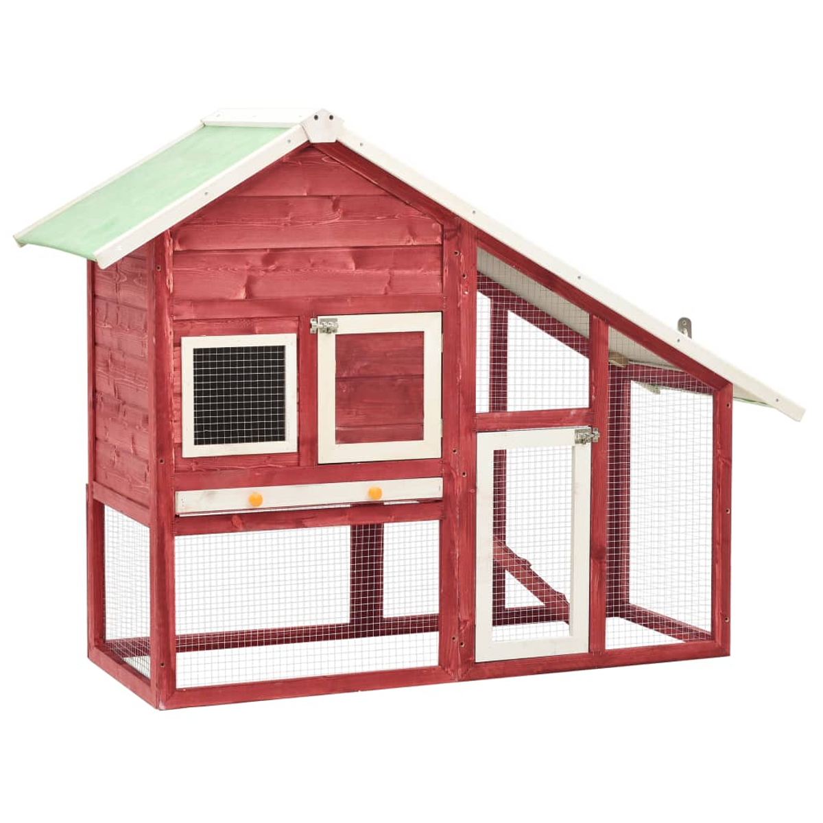 Ein roter Hühnerstall aus Holz mit weißer Umrandung und einem grünen Dach. Zu den Merkmalen gehören Drahtgeflecht, Türen und Fenster.
