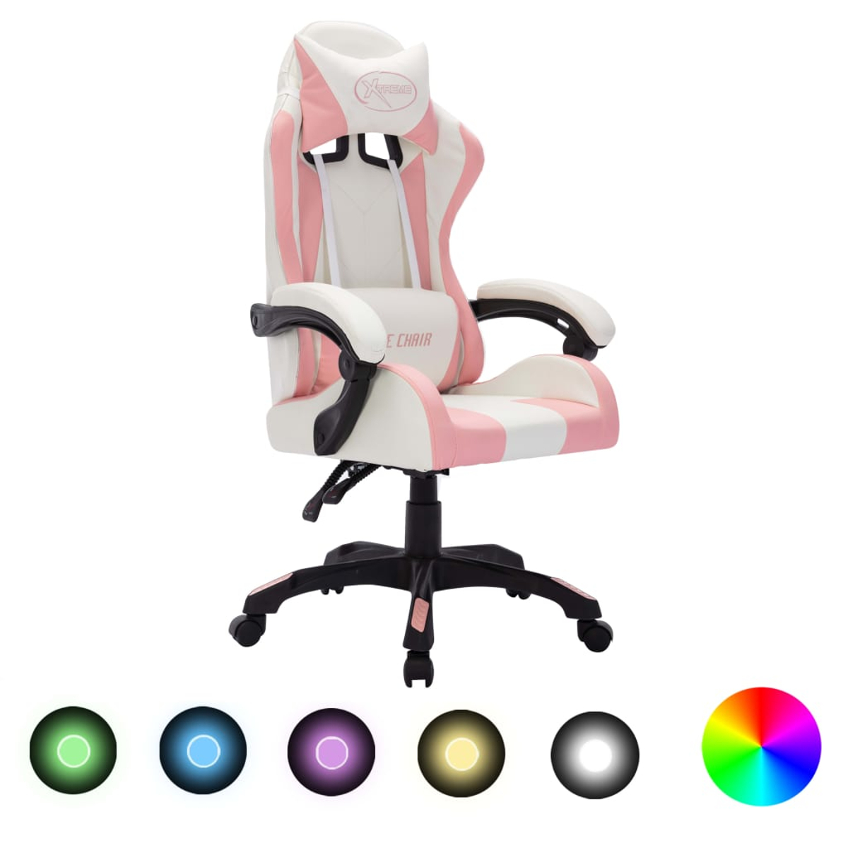 Gaming-Stuhl, weiß und rosa mit schwarzen Akzenten, auf weißem Hintergrund. Er hat eine Kopfstütze, Armlehnen und ein Fünf-Sterne-Gestell mit Rädern.