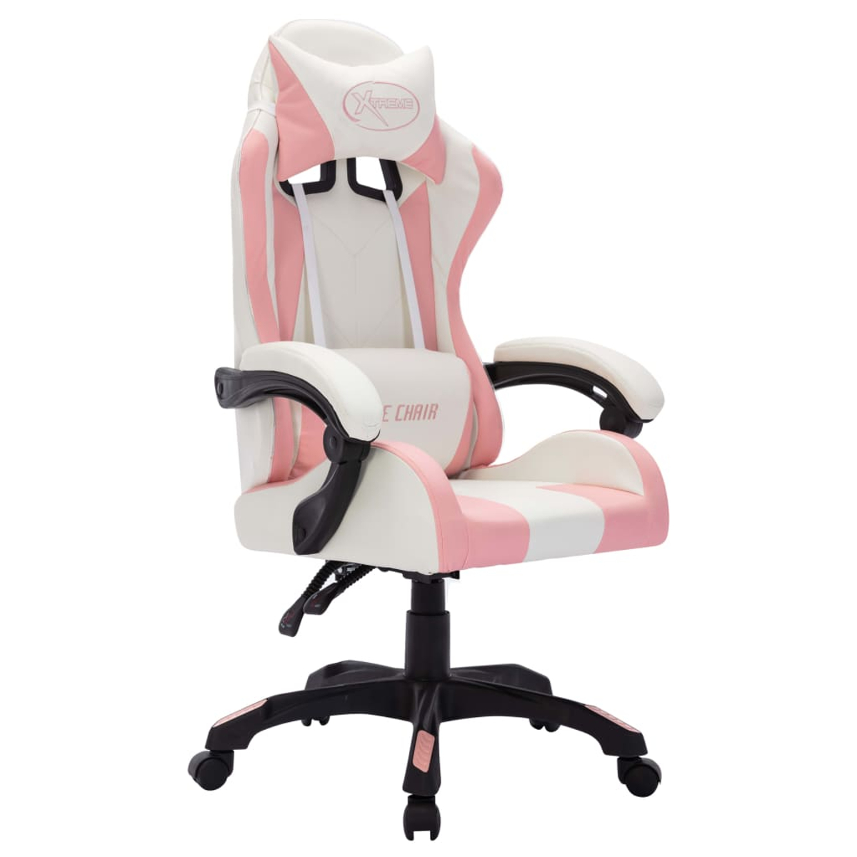 Ein pink-weißer Gaming-Stuhl wird gezeigt. Er hat eine hohe Rückenlehne, Armlehnen und ein Sternfuß mit Rädern. Der Stuhl ist aus Kunstleder.