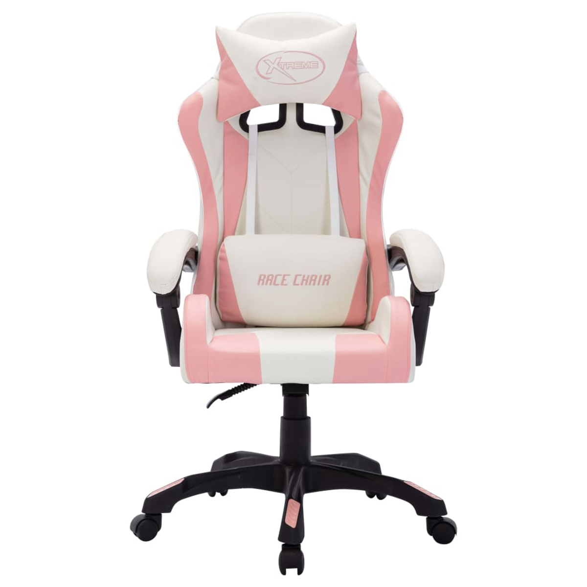 Ein weiß-rosa Gaming-Stuhl. Er hat Armlehnen, eine Kopfstütze mit 'Xtreme'-Logo und ein Lendenkissen mit 'Race Chair'.