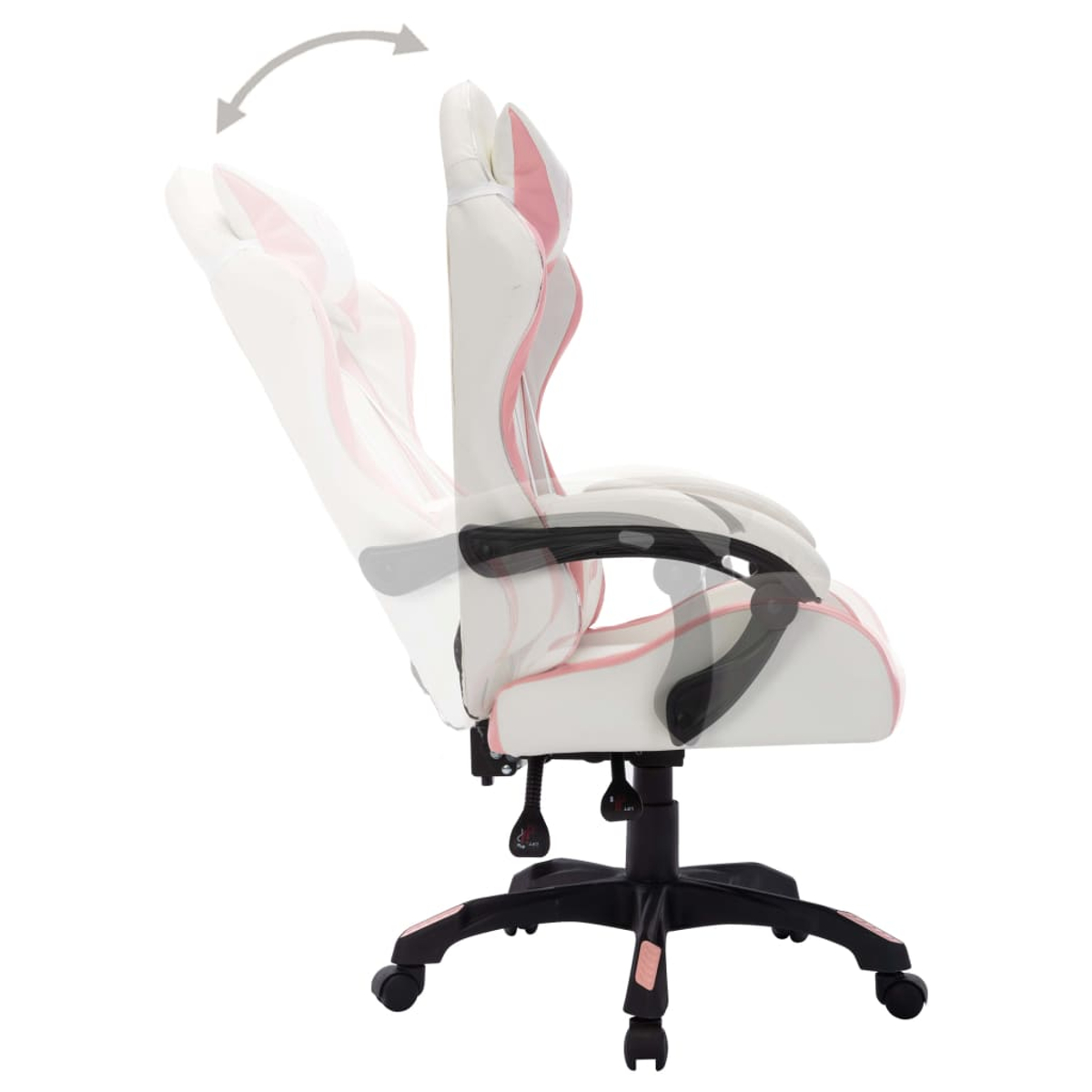 Weiß-rosa Gaming-Stuhl, zurückgelehnt. Schwarze Basis mit Rädern. Pfeil zeigt die Bewegung.