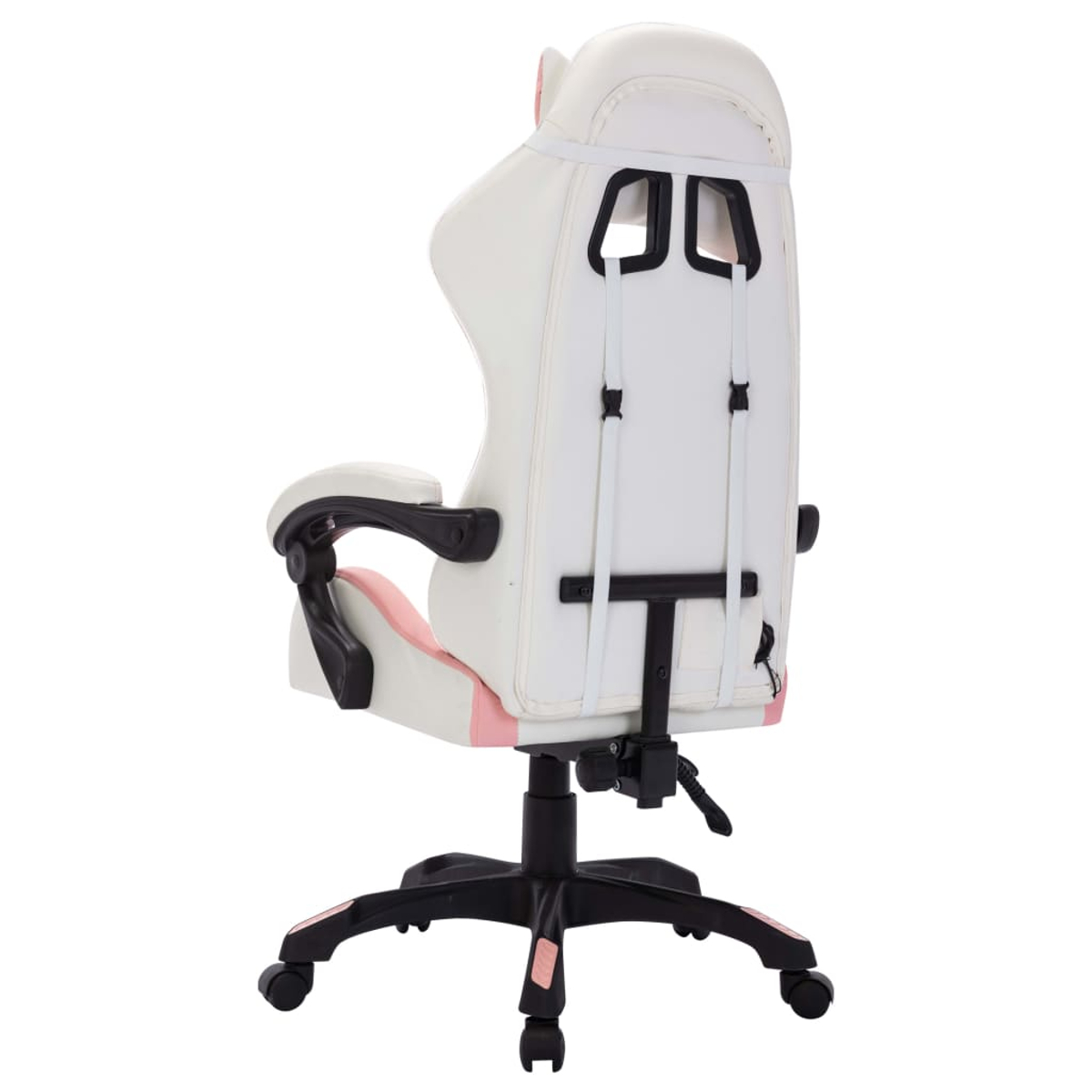 Ein weiß-rosa Gaming-Stuhl. Er hat eine weiße Rückenlehne und einen Sitz mit rosa Akzenten. Das Untergestell ist schwarz mit Rollen.