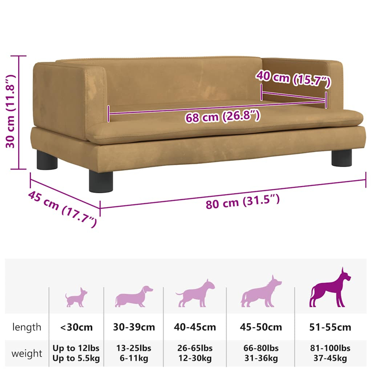 Beigefarbenes Sofa mit Maßangaben. Darunter eine Hundegrößenübersicht mit Längen- und Gewichtskategorien.