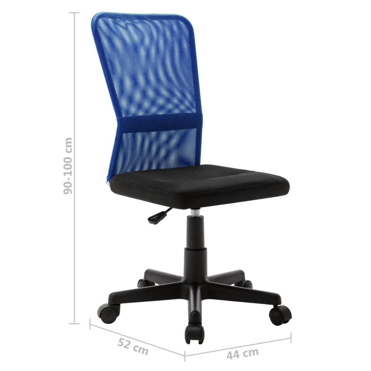 Blauer Bürostuhl mit Netzrücken und schwarzem Sitz. Er hat ein schwarzes Gestell mit Rollen. Maße: 90-100 cm hoch, 52 cm breit und 44 cm tief.