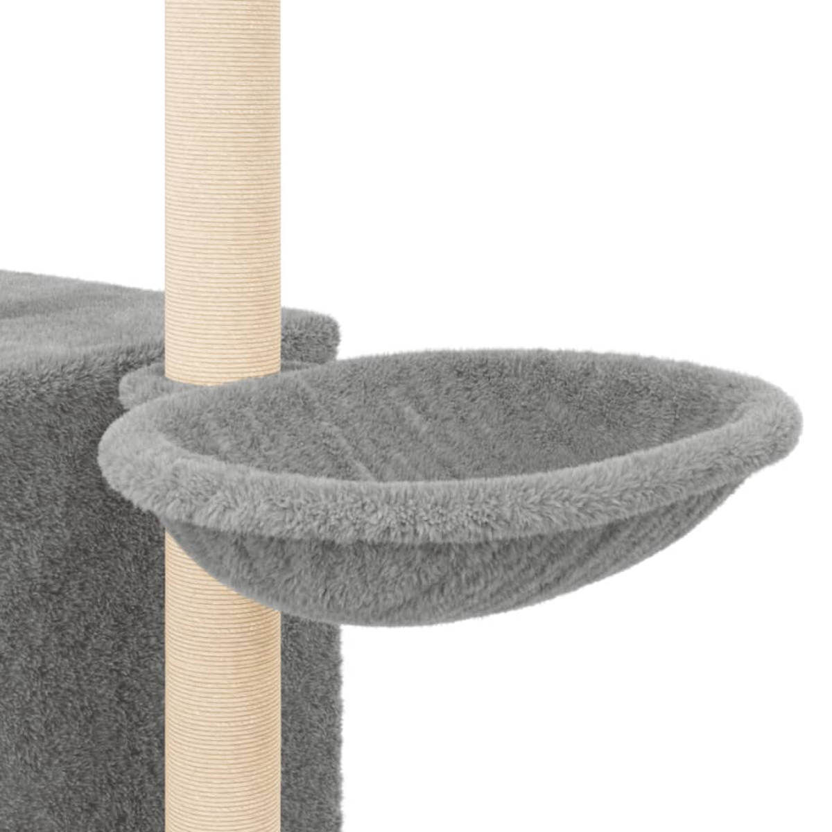 Ein Katzenbaum mit einem grauen, flauschigen Bett, das an einer beigefarbenen, seilumwickelten Stange befestigt ist. Der Hintergrund ist weiß.