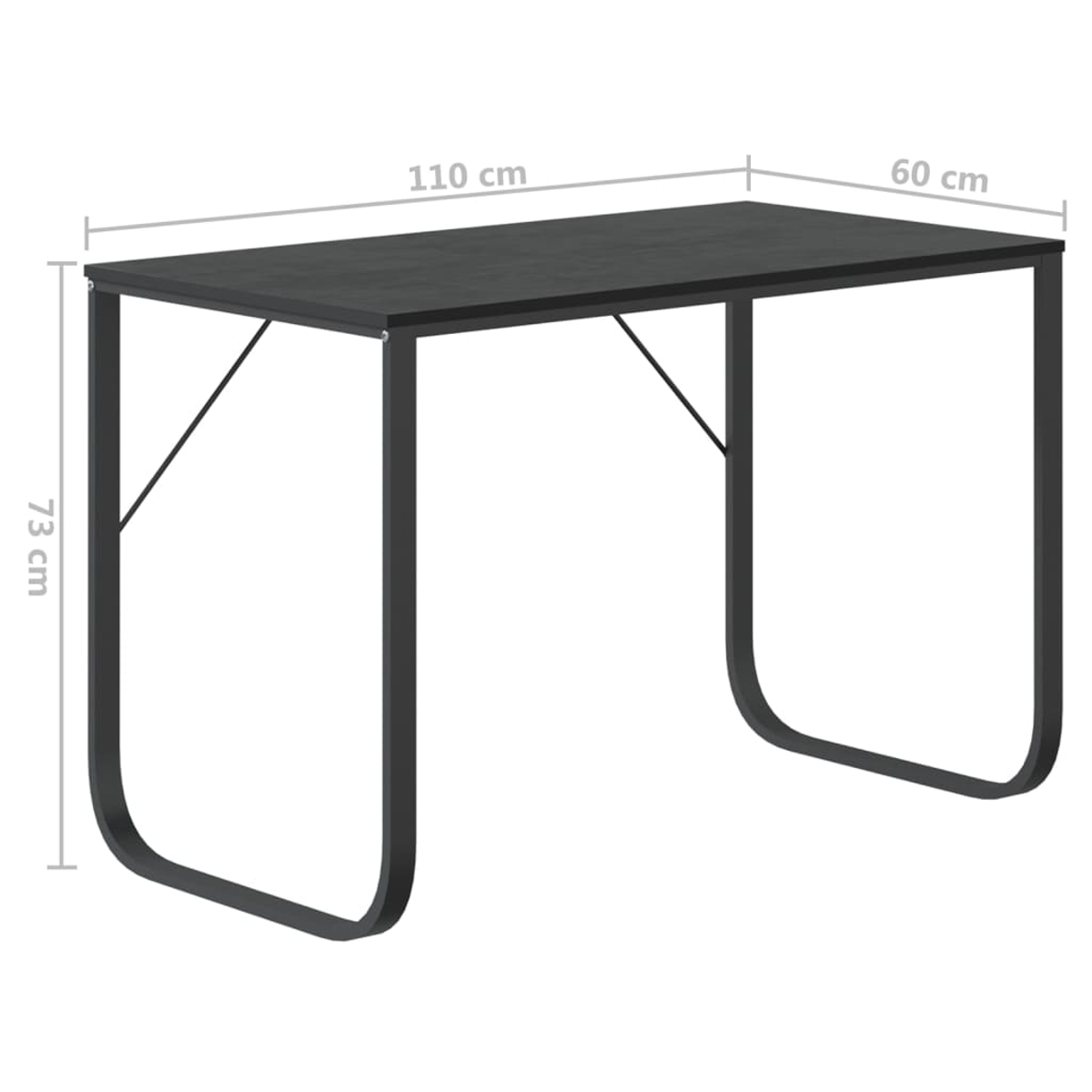 Ein schwarzer Schreibtisch mit Maßen. Er hat eine rechteckige Oberseite und U-förmige Beine. Maße: 110 cm lang, 60 cm breit und 73 cm hoch.