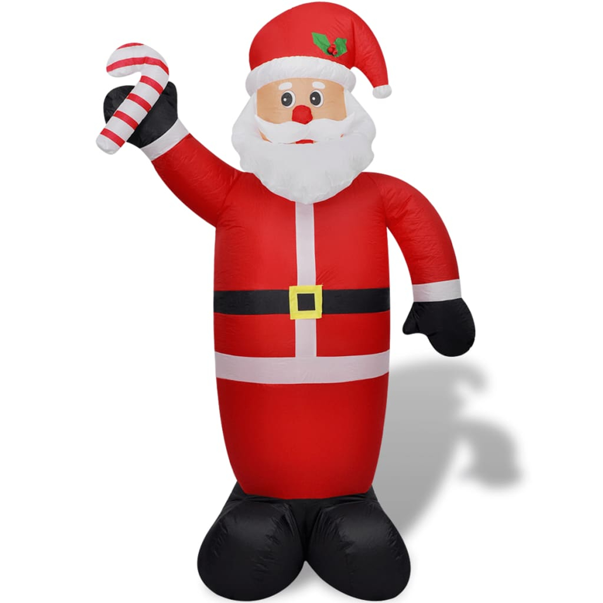Aufblasbare Weihnachtsmannfigur. Roter Anzug, schwarze Stiefel und Handschuhe, weißer Bart und Hut. Hält eine Zuckerstange. Weißer Hintergrund.