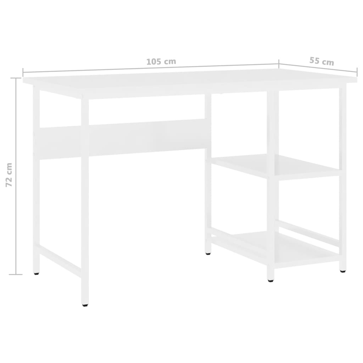 Ein weißer Schreibtisch mit Maßangaben. Der Schreibtisch hat eine Tischplatte, ein Regal und zwei Regale an der Seite. Er ist 105 cm lang, 55 cm breit und 72 cm hoch.