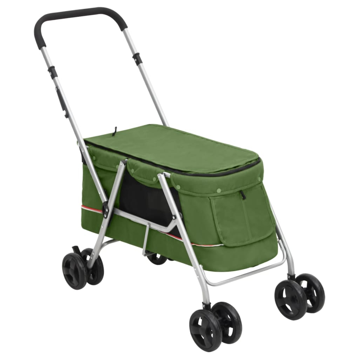 Ein grüner Tier-Buggy mit schwarzem Griff und Rädern. Er hat ein Staufach und besteht aus Metall und Stoff.
