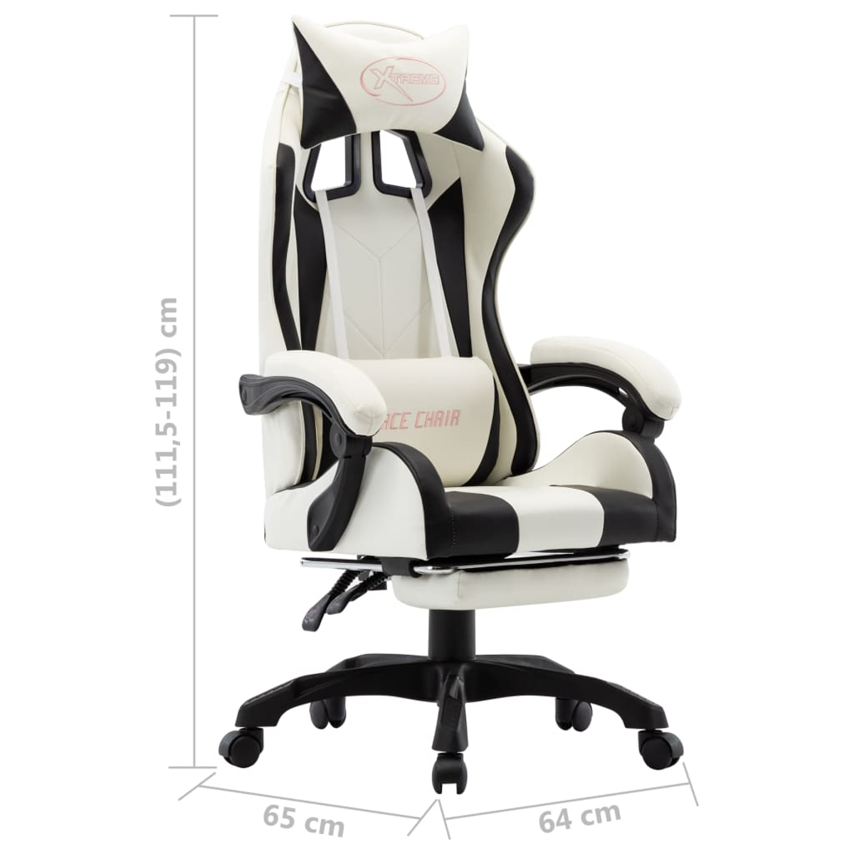 Ein weiß-schwarzer Gaming-Stuhl mit Kopf- und Lendenwirbelstütze. Abmessungen: 111,5-119 cm hoch, 65 cm breit und 64 cm tief.