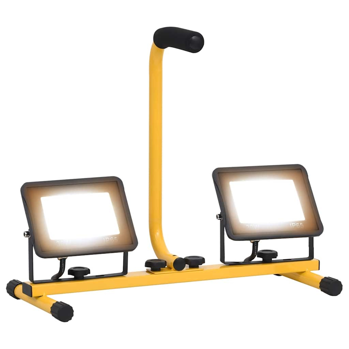 Eine gelbe Arbeitsleuchte mit zwei hellen LED-Panels, einem schwarzen Griff und einem Ständer. Es befindet sich auf weißem Hintergrund.