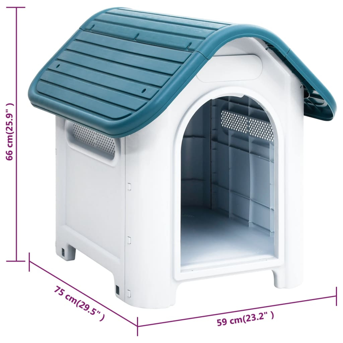 Ein weißes Hundehütte mit blauem Dach. Abmessungen sind beschriftet. Das Haus hat einen gewölbten Eingang und Lüftungslöcher.