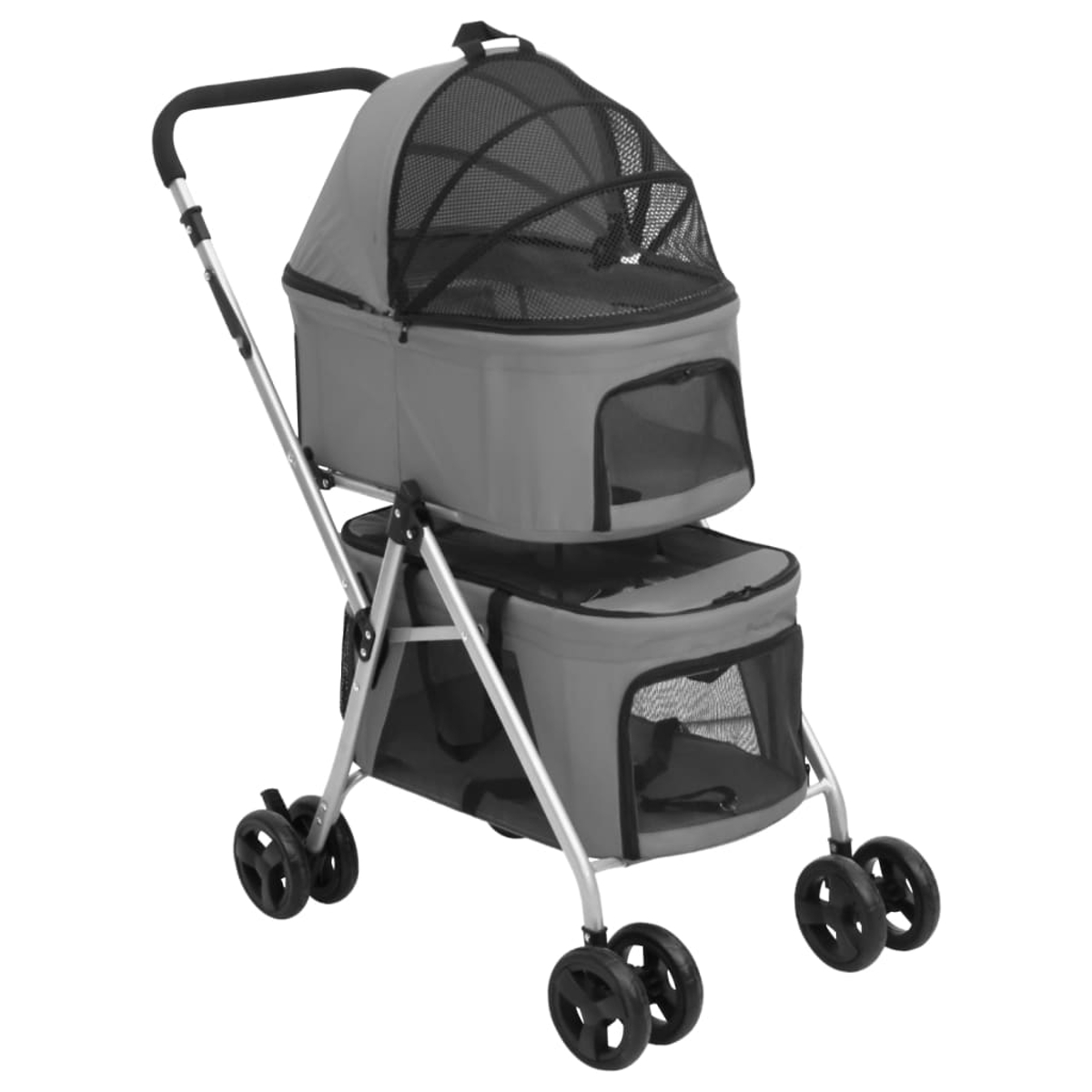 Ein grauer Tierkinderwagen mit Mesh-Oberteil und mehreren Fächern, unterstützt von einem silbernen Rahmen und schwarzen Rädern.