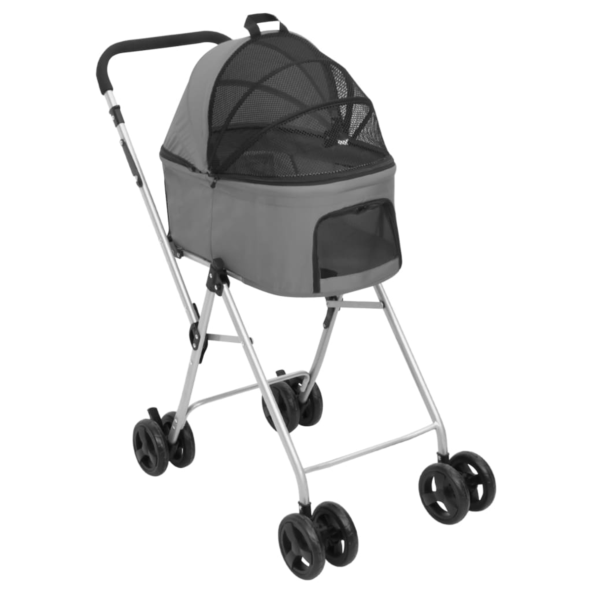 Ein grauer Haustier-Kinderwagen mit einem Netzdach. Er hat vier schwarze Räder und einen schwarzen Griff. Der Kinderwagen steht vor weißem Hintergrund.
