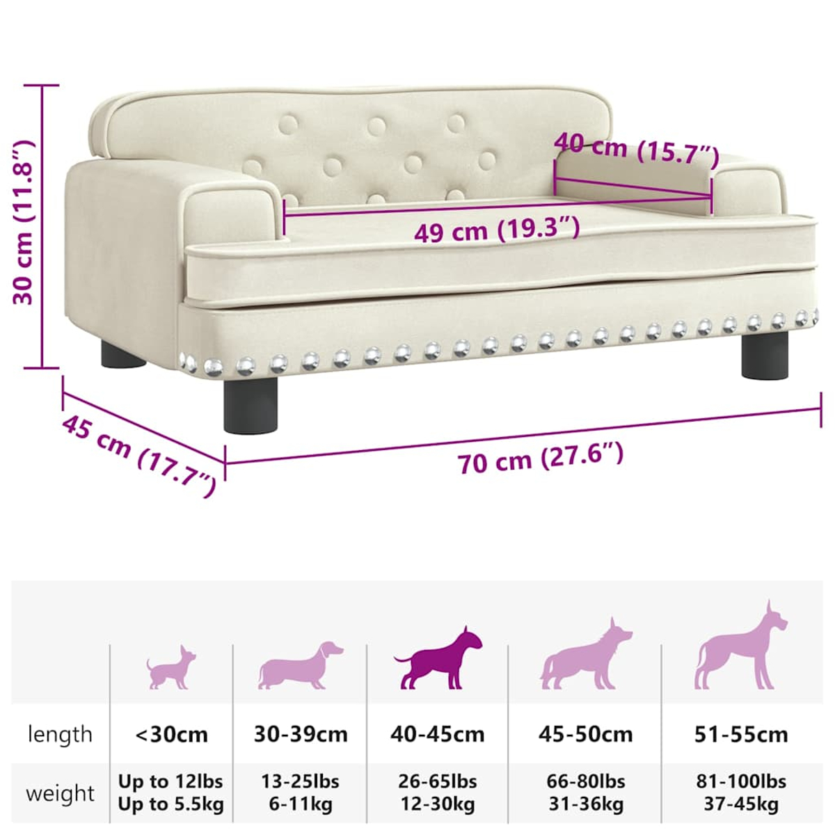 Beiges Hundesofa mit Maßangaben und Diagrammen zur Größenbestimmung von Hunden.