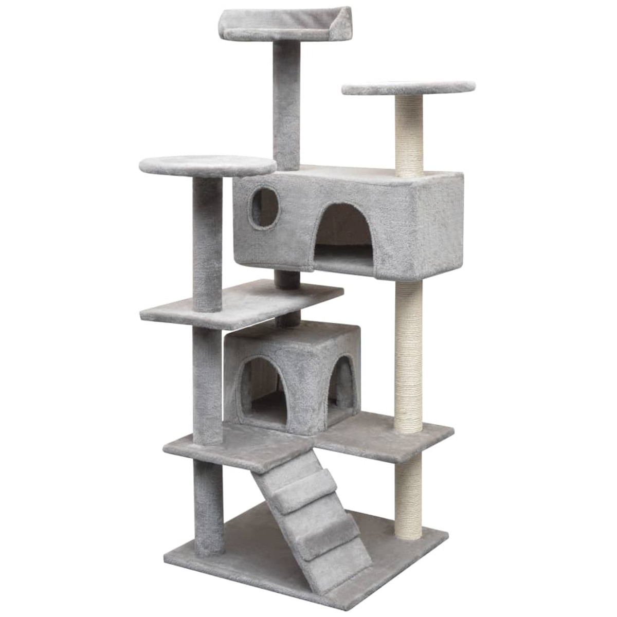 Ein grauer Katzenbaum mit mehreren Plattformen, einer Leiter und Kratzbäumen. Er hat verschiedene Ebenen und Verstecke für Katzenspaß.