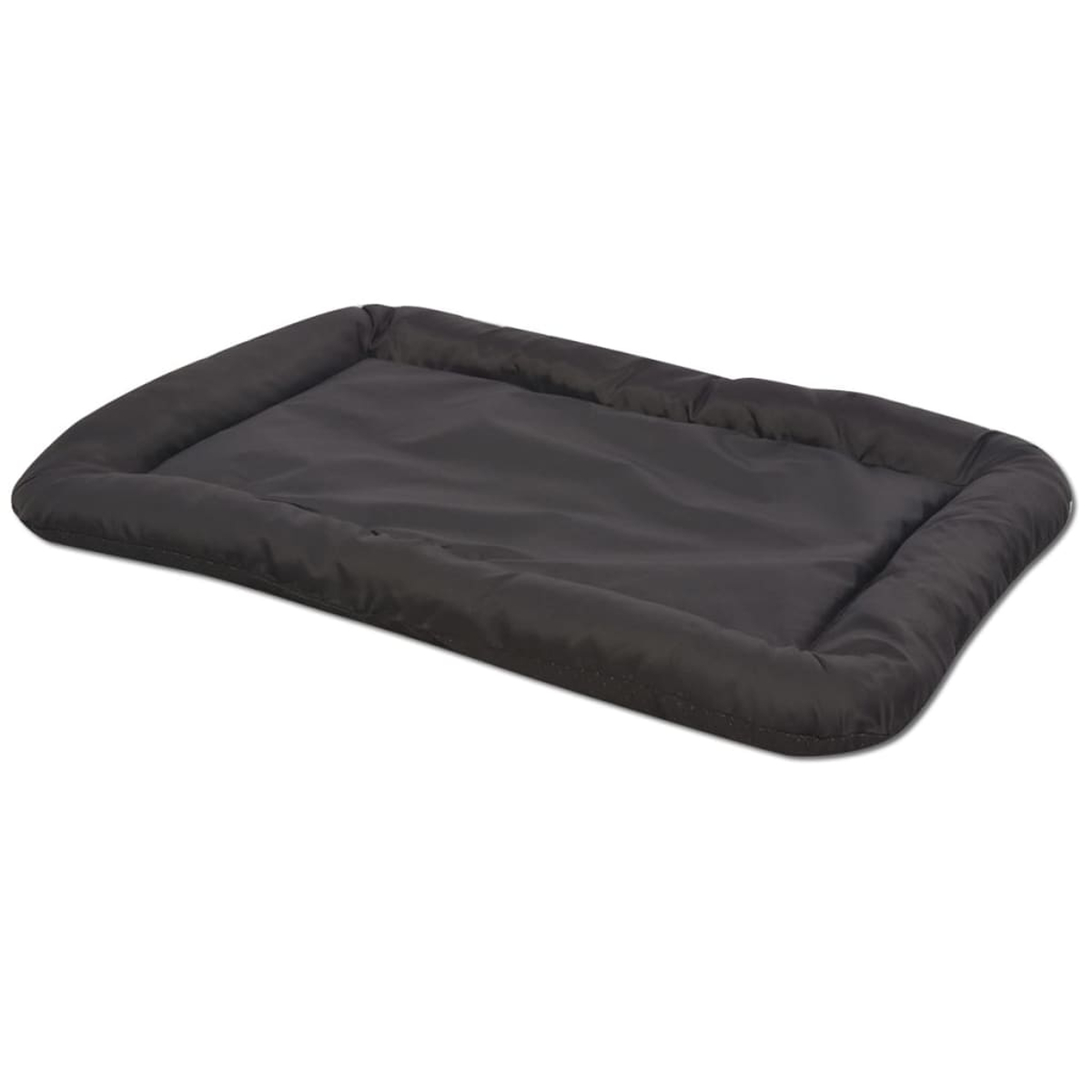Ein rechteckiges, schwarzes Hundebett auf weißem Hintergrund. Das Bett hat einen gepolsterten Rand und eine glatte, flache Oberfläche.