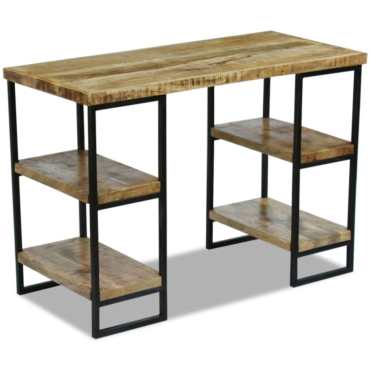 Holzschreibtisch mit schwarzem Metallrahmen. Er hat eine Tischplatte und zwei Regale auf einer Seite und eine Tischplatte und ein Regal auf der anderen.