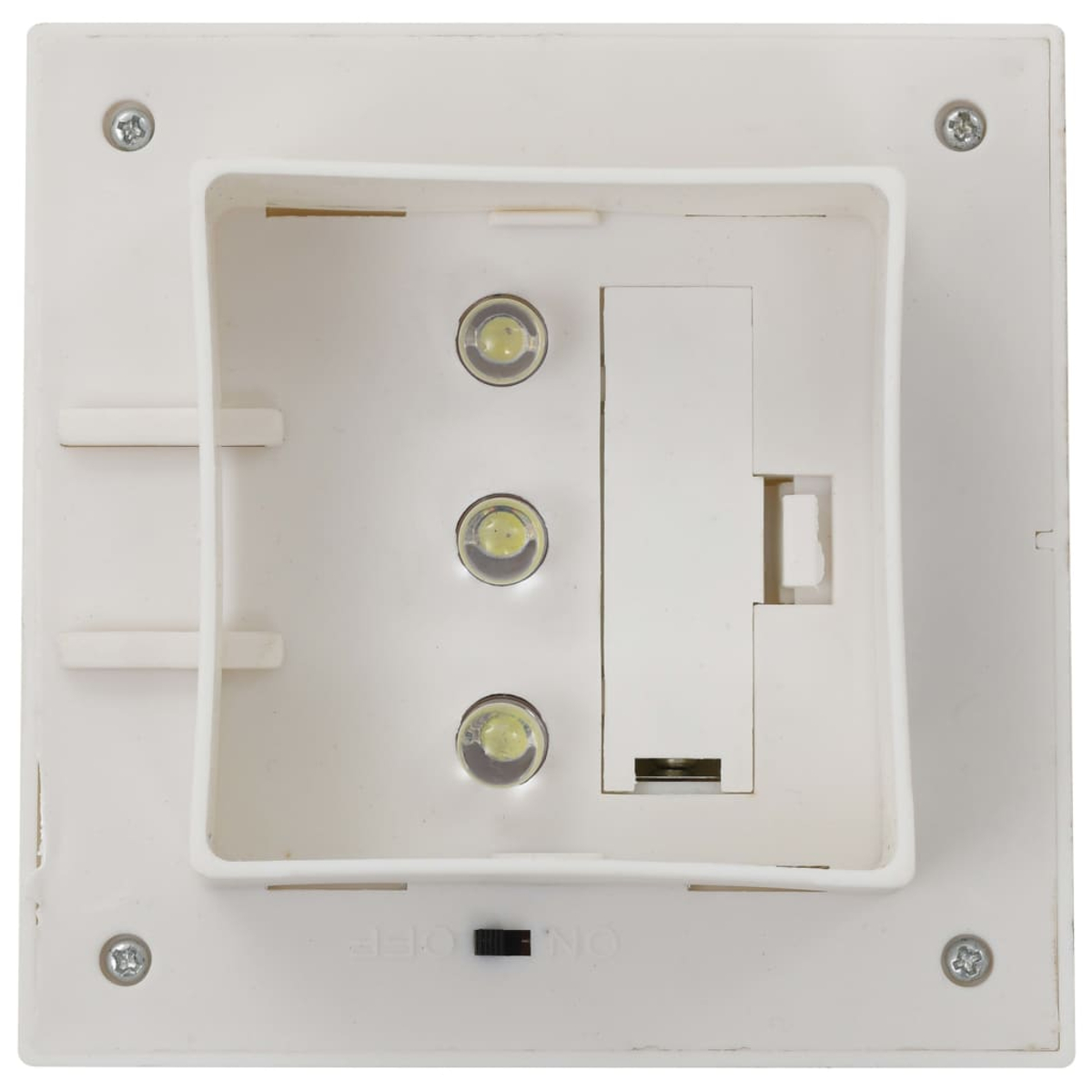 Eine weiße Kunststoff-Leuchte mit drei LED-Leuchten, einem Batteriefach und einem Ein-/Ausschalter mit Schrauben an jeder Ecke.