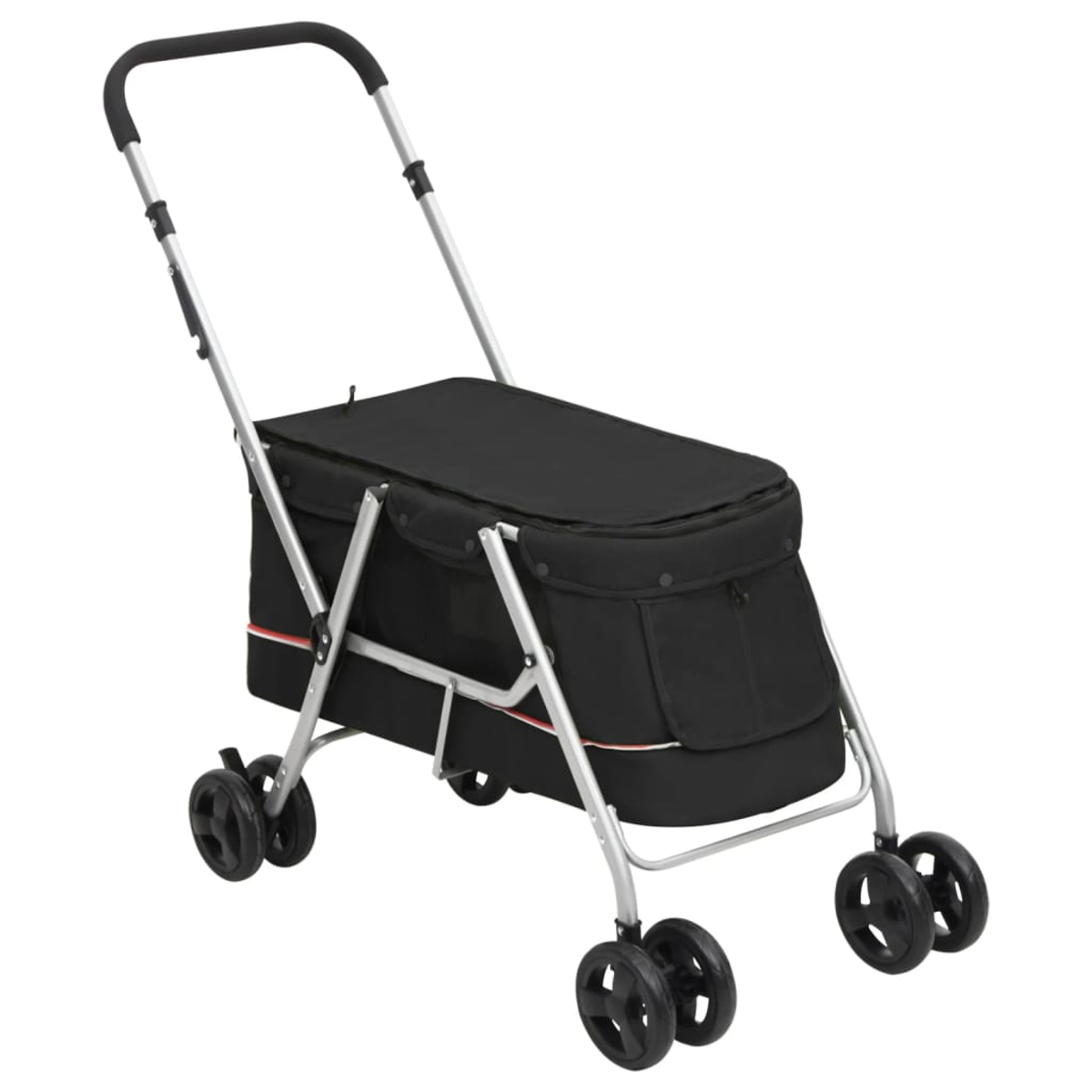 Ein schwarzer Tierkinderwagen mit silbernem Rahmen. Er hat vier Radsätze und einen Griff. Der Kinderwagen steht vor weißem Hintergrund.