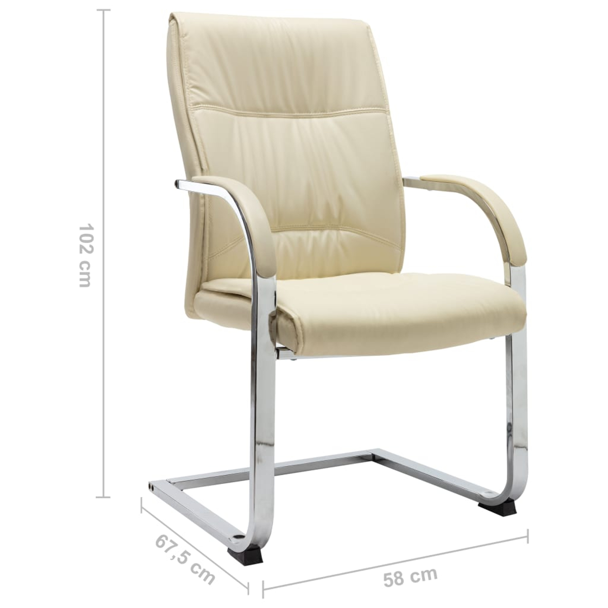 Cremefarbener Bürostuhl mit Chromgestell. Maße: 102 cm Höhe, 67,5 cm Breite und 58 cm Tiefe. Der Stuhl hat Armlehnen.