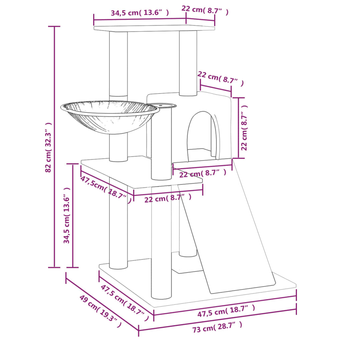 Schematische Darstellung eines Katzenbaums. Er hat mehrere Plattformen, ein schalenförmiges Bett, einen Tunnel und eine Rampe.
