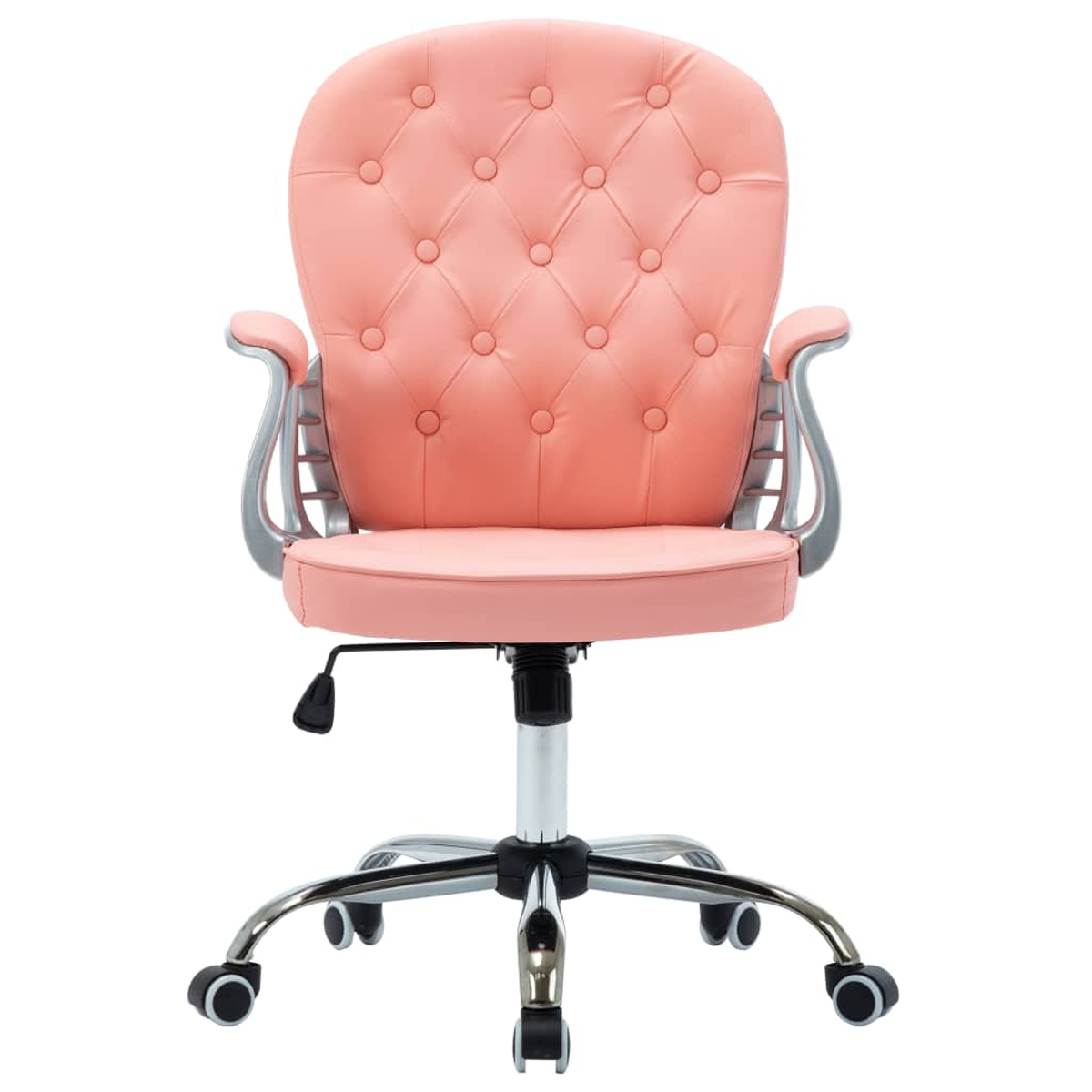Ein rosa Bürostuhl mit knopfgetufteter Rückenlehne und silbernen Armlehnen. Er hat ein Chromgestell mit Rollen und einen Hebel zur Höhenverstellung.