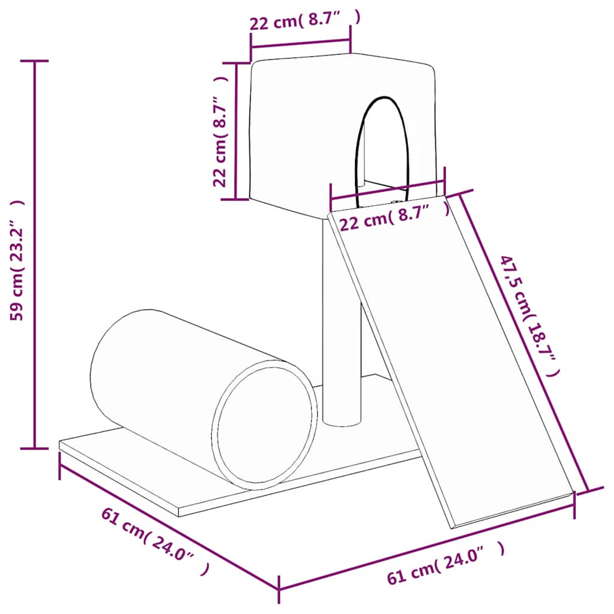 Ein Katzenbaum mit Haus, Rampe und Tunnel wird gezeigt. Abmessungen sind mit Maßen in Zentimetern und Zoll angegeben.