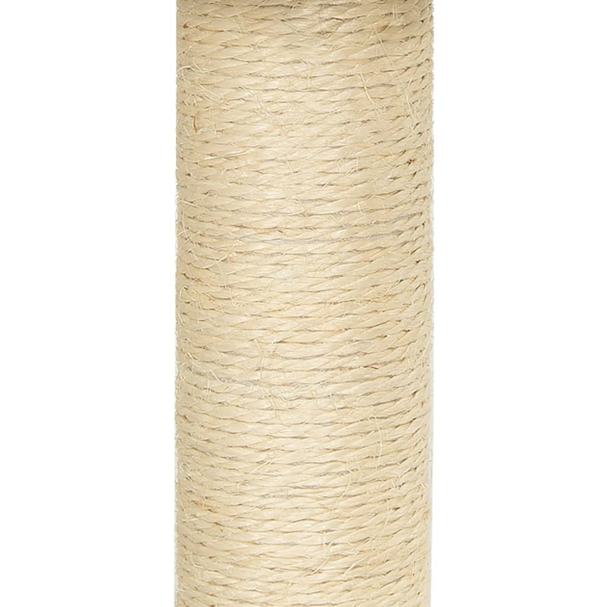 Nahaufnahme eines beigefarbenen Kratzbaums aus Sisal. Die Textur des Seils ist sichtbar, mit weißem Hintergrund.