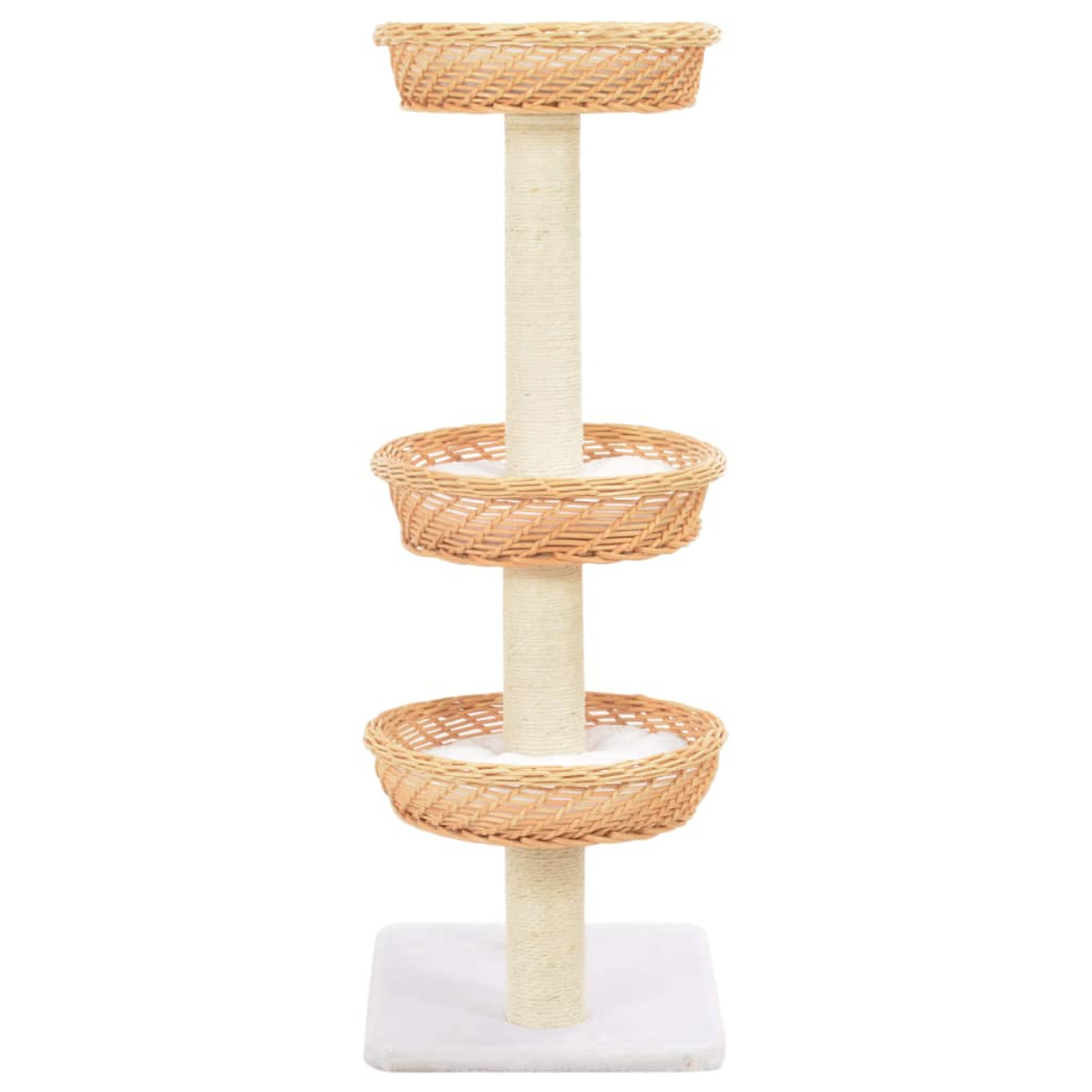 Ein Katzenbaum mit drei geflochtenen Körben und einer zentralen Kratzsäule. Die Basis ist quadratisch und mit weißem Stoff bedeckt.