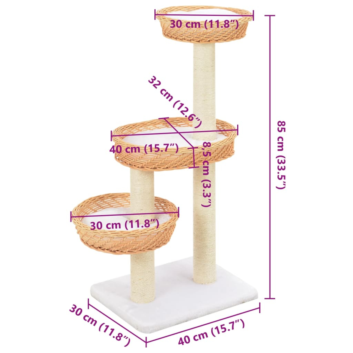 Katzenbaum mit drei Körben, Abmessungen in cm und Zoll angegeben. Basis ist weiß, Pfähle sind umwickelt, Körbe sind gewebt.
