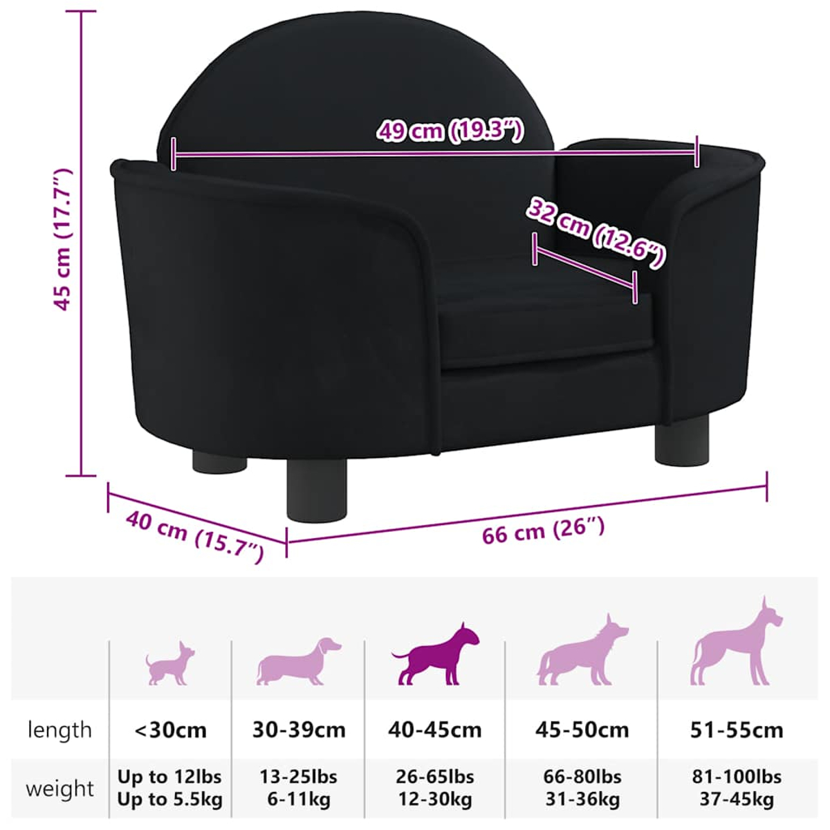 Schwarzes Haustiersofa mit Maßangaben in cm und Zoll. Größen für verschiedene Hundelängen und -gewichte sind unten angegeben.