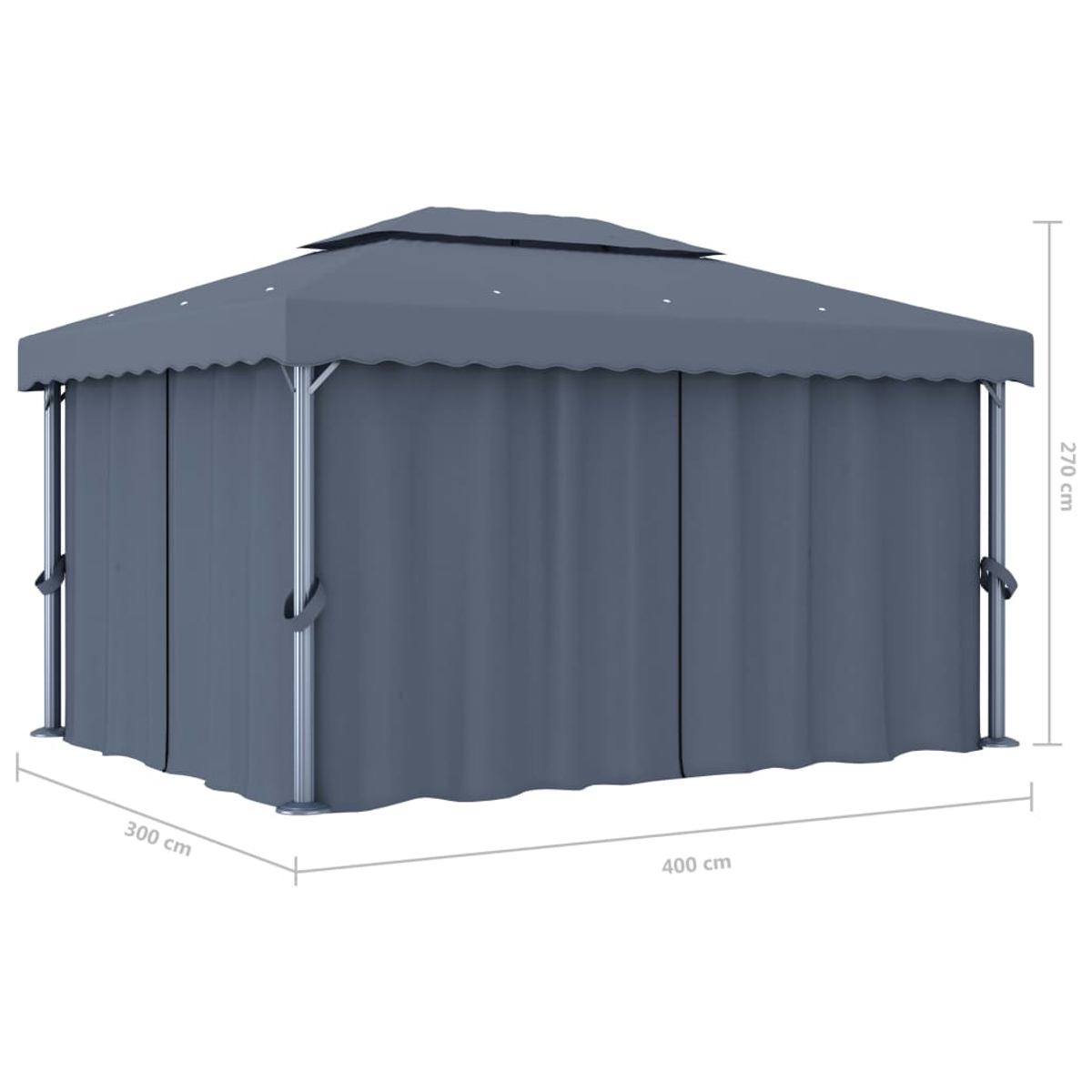Ein grauer Pavillon mit Vorhängen. Abmessungen: 300x400x270 cm. Das Dach ist geschichtet. Auf weißem Hintergrund.