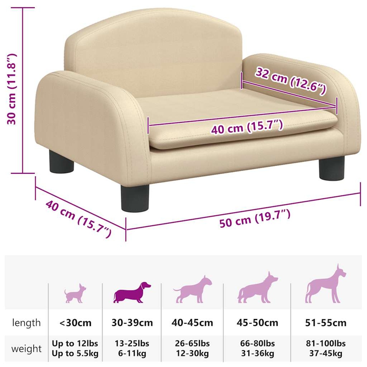 Beiges Hundebett mit schwarzen Beinen. Abmessungen mit Maßen in cm und Zoll angegeben. Größenangaben für Hunde unten.