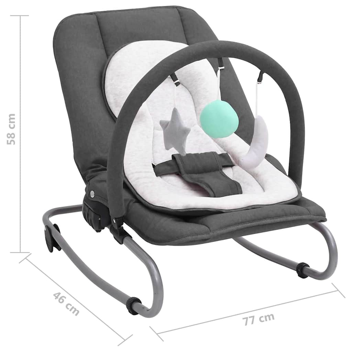Ein grauer Babywippstuhl mit weißem Sitz, Spielbügel mit Spielzeug und grauem Metallrahmen. Abmessungen sind angegeben.