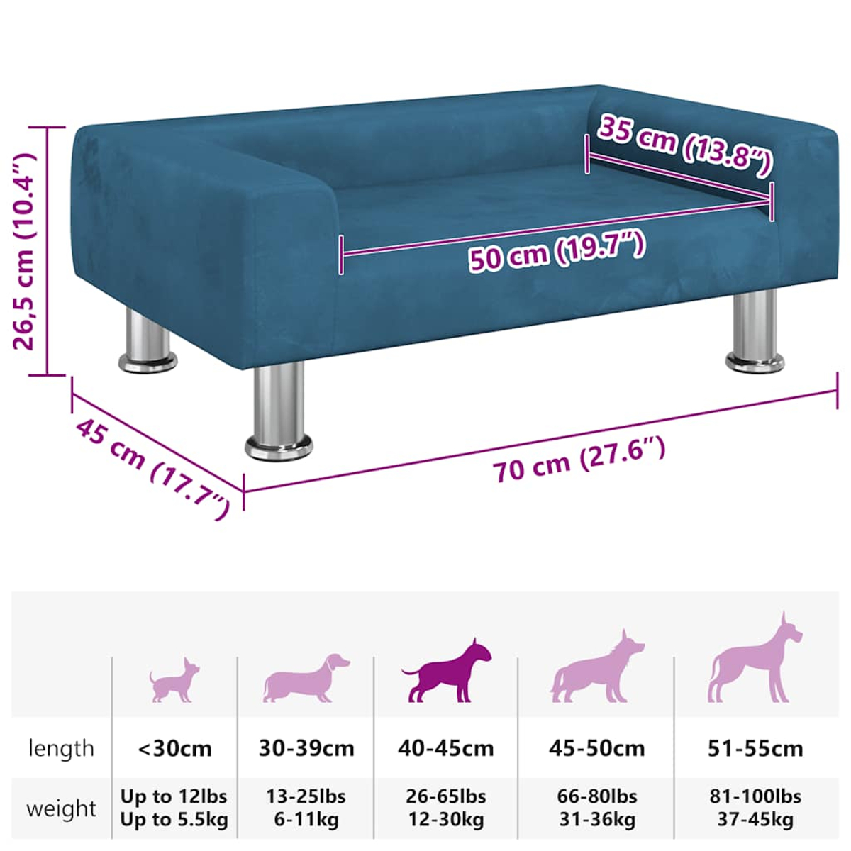Blaues Hundebett mit silbernen Beinen. Maße in Zentimetern und Zoll. Größenangaben für Hunde unten.