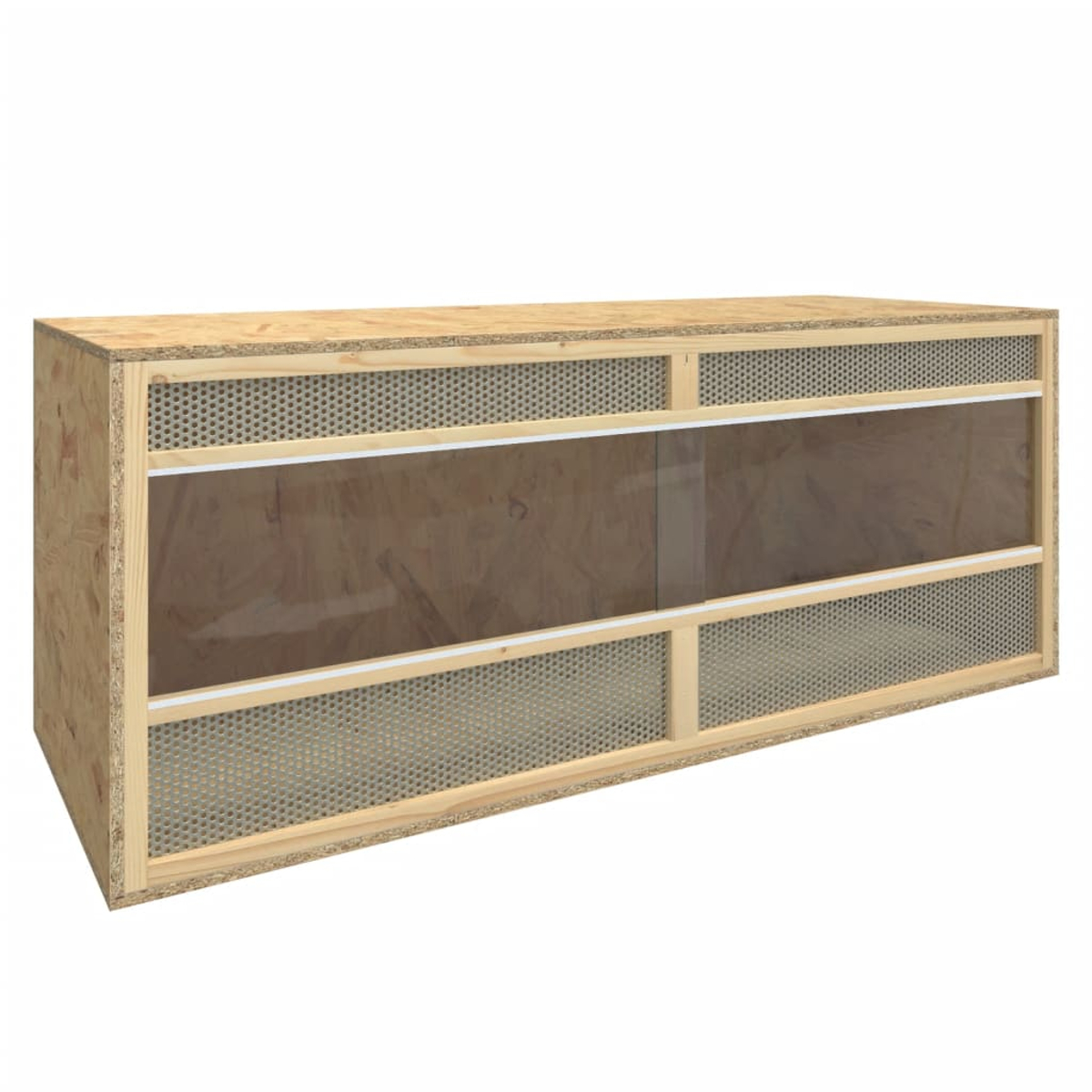 Ein hölzernes Terrarium mit Schiebeglastür, Lüftungsgittern und hellem Hintergrund. Das Holz hat eine natürliche Farbe.