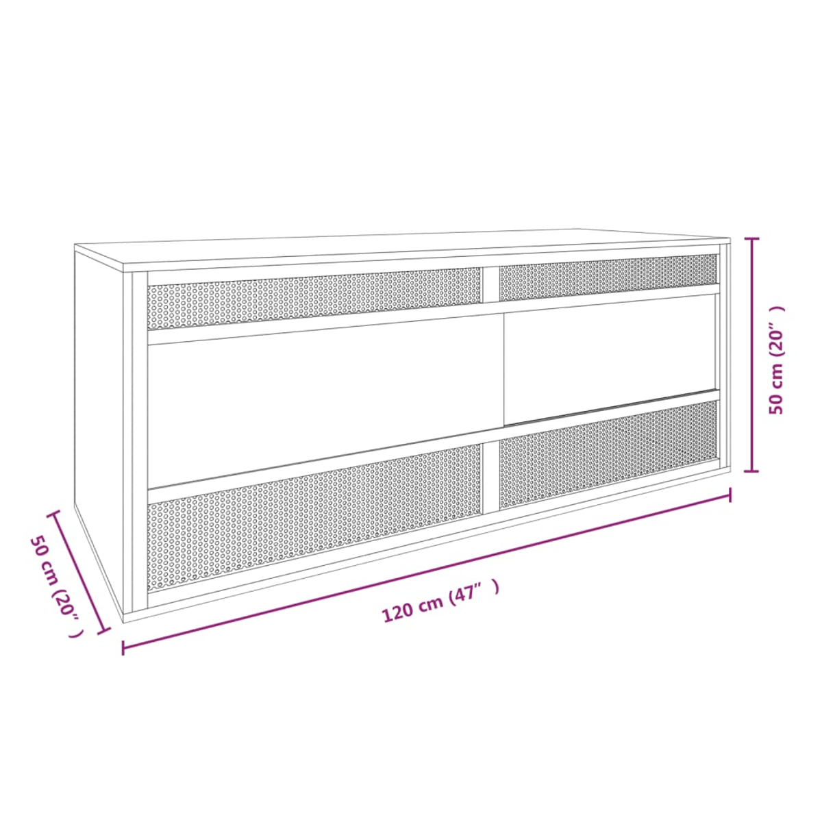 Eine Strichzeichnung eines Schranks. Maße sind beschriftet: 120 cm (47") lang, 50 cm (20") hoch und 50 cm (20") tief.