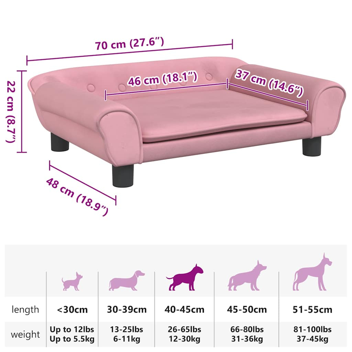 Rosa Hundesofa mit Maßen und Größentabelle für Hunde. Sofa hat schwarze Beine und Maße in cm und Zoll.