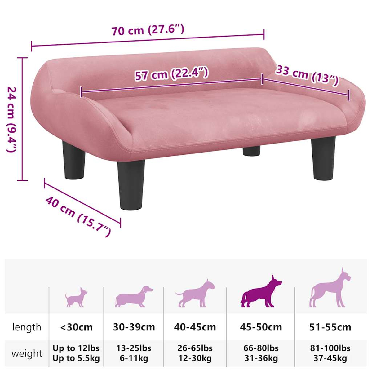 Rosa Hundesofa mit schwarzen Beinen. Abmessungen sind angegeben. Unten Größenangaben nach Hunde-Länge und -Gewicht.