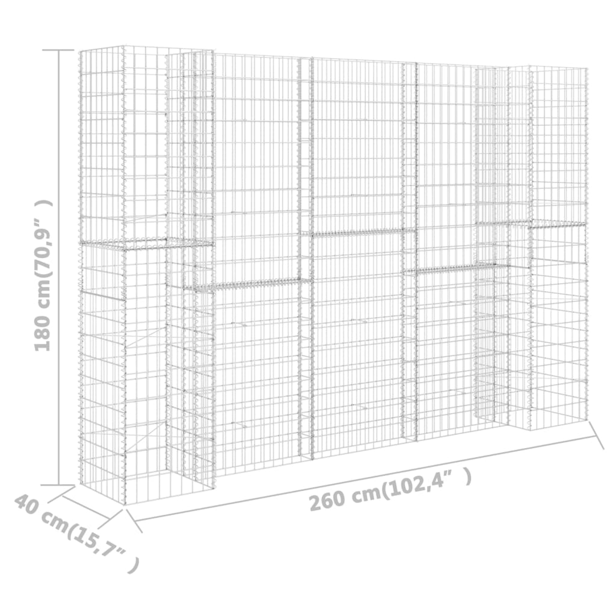 Eine verzinkte Stahl-Gabionenwand mit den angegebenen Abmessungen: 180 cm hoch, 260 cm lang und 40 cm tief. Sie ist leer.