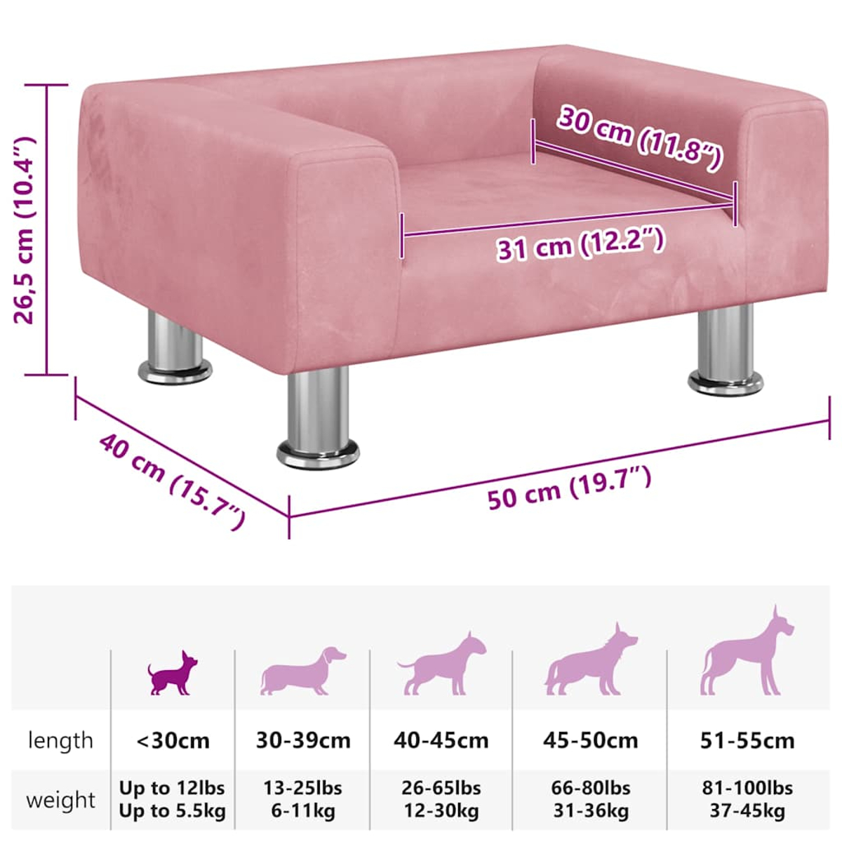 Ein rosa Hundesofa mit Maßangaben. Enthält eine Größentabelle für Hunde nach Länge und Gewicht.