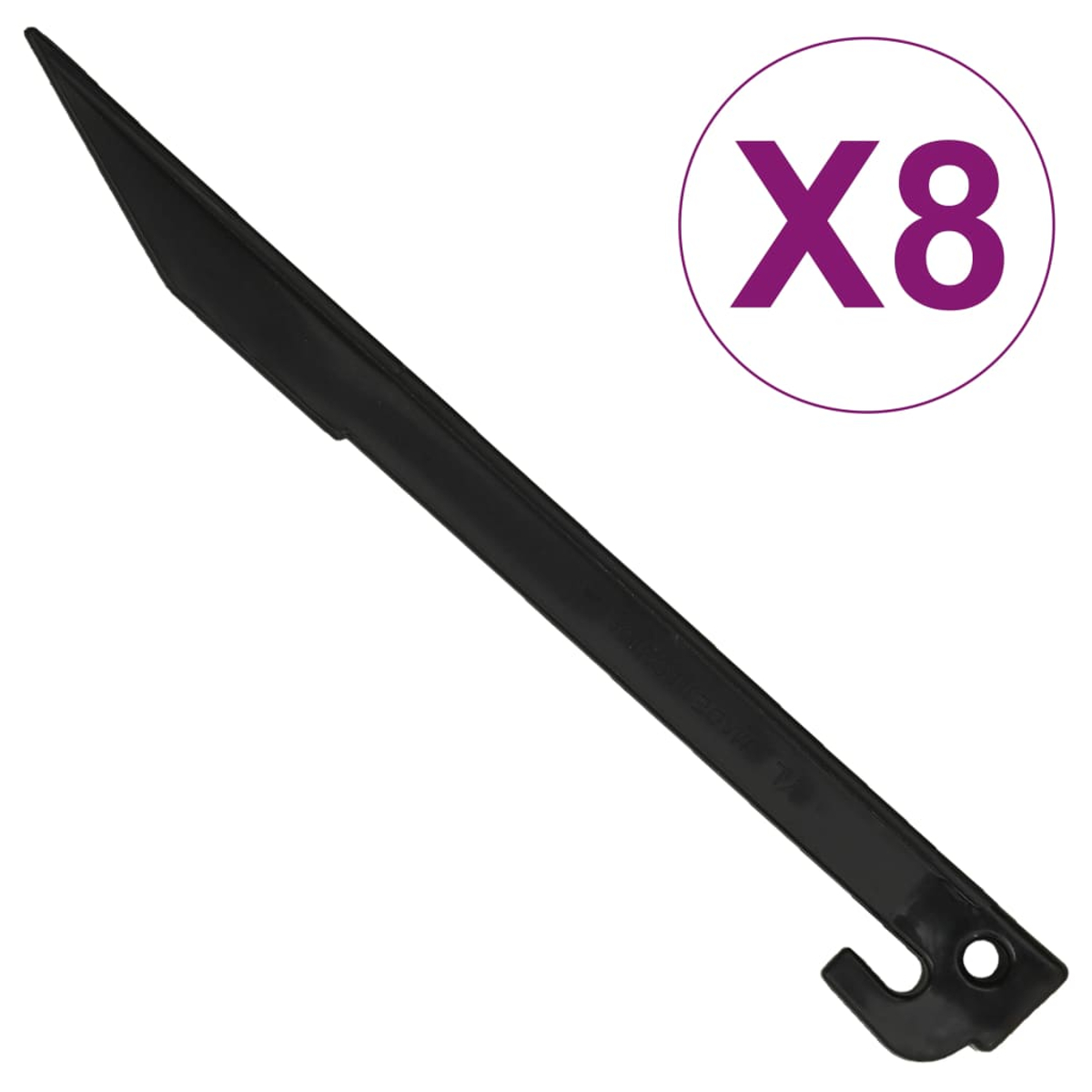 Ein schwarzer Kunststoffpfahl mit spitzem Ende und Haken. Ein violetter Kreis mit 'X8' befindet sich oben rechts.