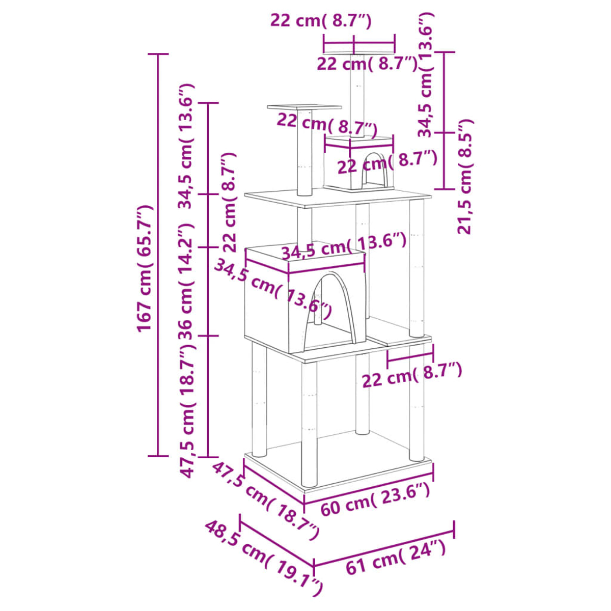 Ein Diagramm eines Kratzbaums mit Abmessungen in Zentimetern und Zoll. Es zeigt mehrere Ebenen, Plattformen und eine Katzenhausstruktur.